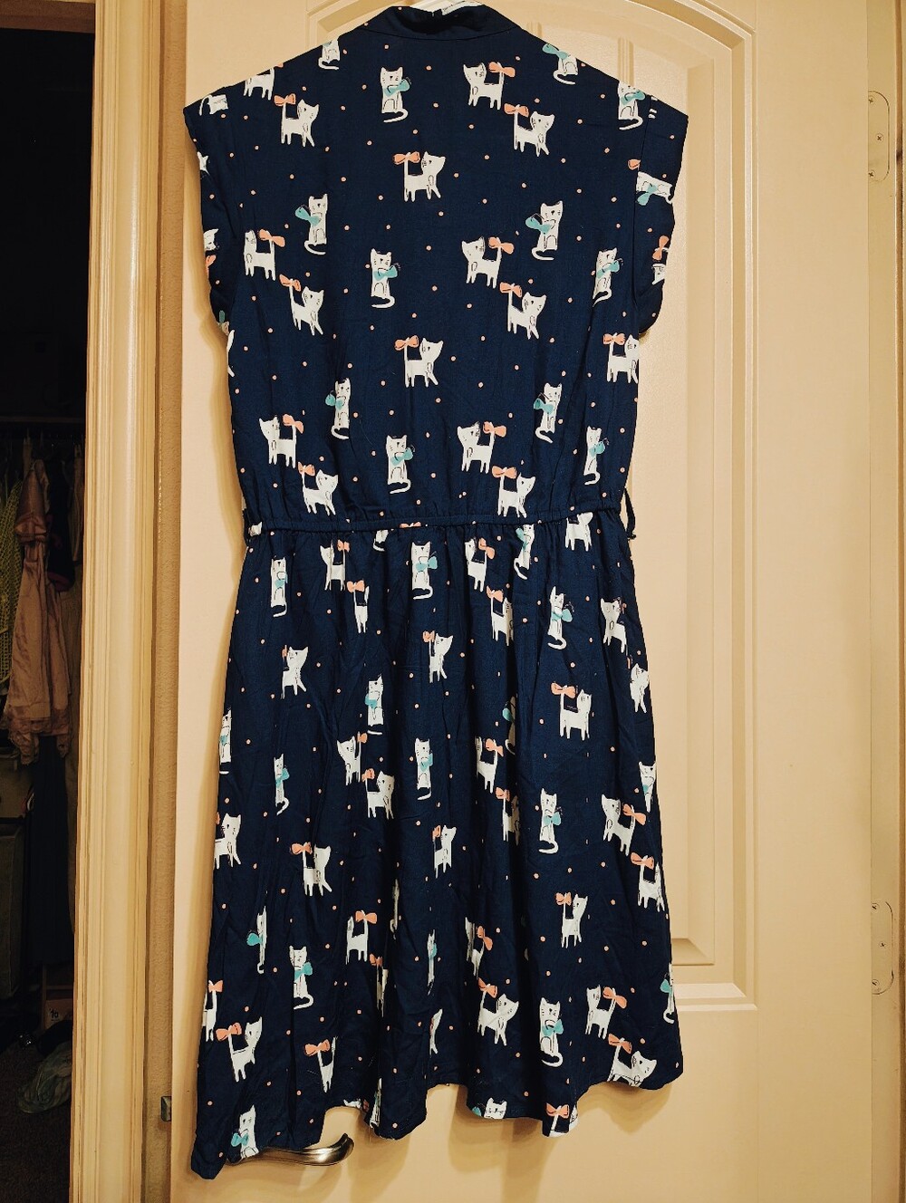 NWT ANGIE Navy cat print mini dress button front elastic Waist Sz M - Picture 9 of 9